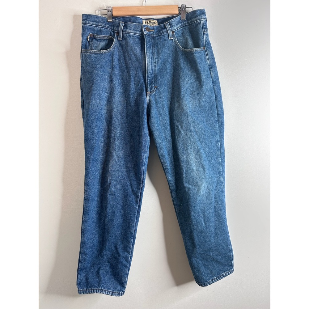 LL Bean Classic Fit Fleece Lined Blue Denim Jeans Mens 37x29 Straight Leg Cotton